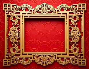 Ornate gold frame with intricate floral designs on a textured red background with a repeating pattern