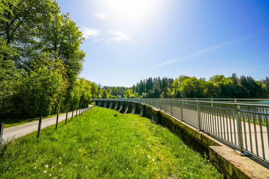 View of the Panzer Dam and the surrounding landscape near Remscheid. Nature by the lake in North Rhine-Westphalia.
