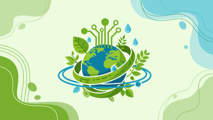 Fototapeta premium Earth Day Illustration Globe with Tech Connections and Greenery.