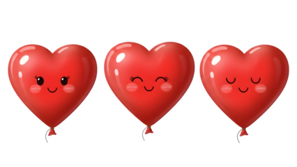 Three heart shaped balloons isolated on transparent background with smiling faces