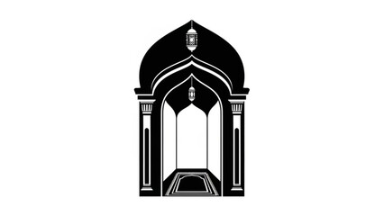 Obraz premium A minimalist black and white illustration of an arched Islamic doorway with a dome