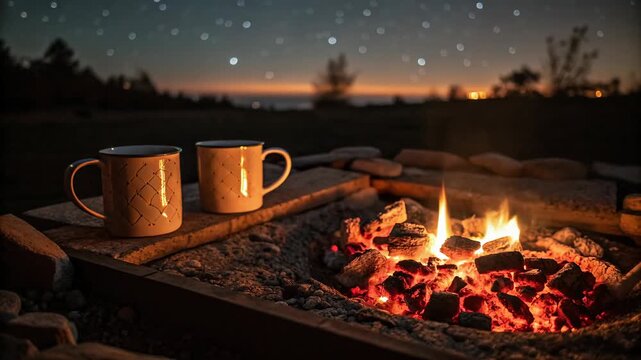 Cozy autumn cabin porch with mountain view concept. Warm firepit with mugs set against a starry night sky in a tranquil outdoor setting.
