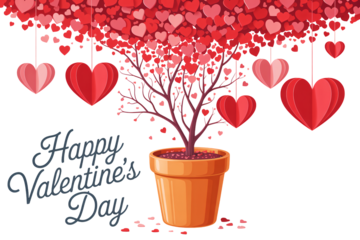 Valentines Day Tree with Red Hearts in Terracotta Pot with Romantic Illustration Style in Vibrant Red Colors for Greeting Card