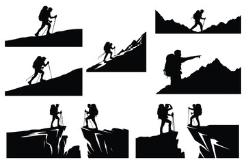 Silhouette Hikers Climbing Mountain Peaks adventure