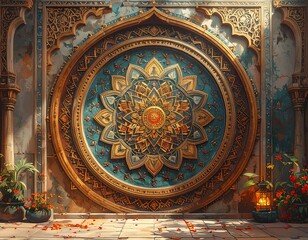 Ornate gold-detailed wall with a central, circular teal design reminiscent of Eastern architecture, framed by a patterned arch