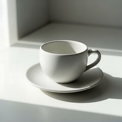 White ceramic cup and saucer on a windowsill with natural light shining
