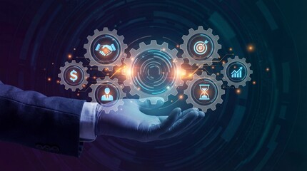 A hand displays a digital system of gears with vibrant icons representing business collaboration finance strategy growth and time on a dark technological background