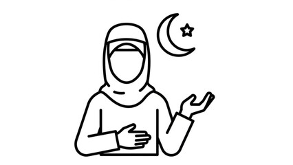 A minimalist line art illustration of a woman wearing a hijab with a crescent moon and star symbol