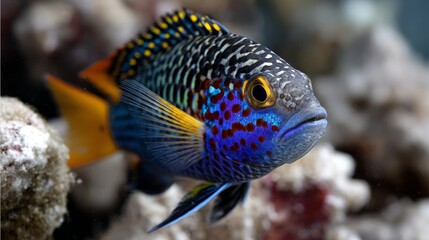 Macro shot of a colorful tropical fish swimming in a coral reef environment.