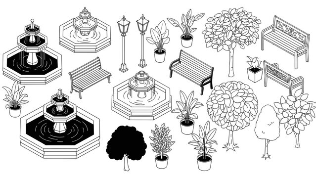 Black and white illustration of park elements including fountains benches trees and street lamps.