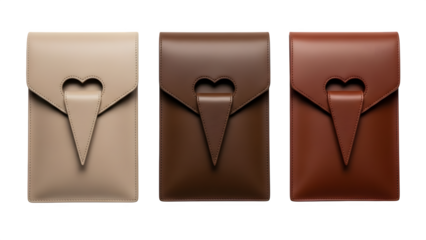 Three leather phone cases isolated on transparent background