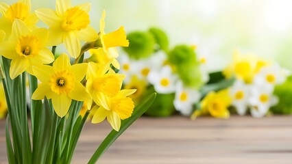 Yellow and white daffodils on a wooden table top in springtime flowers arrangement