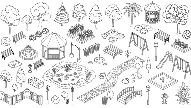 Collection of park elements including trees, benches, and playground equipment.
