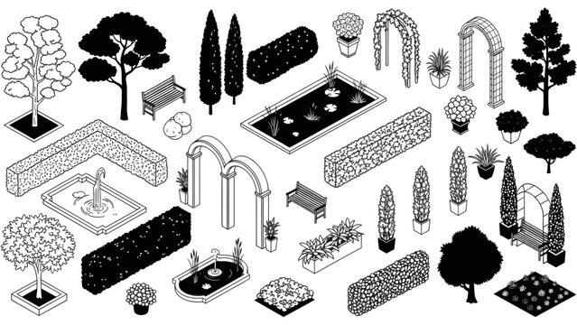 Black and white illustration of various garden elements and landscaping features.