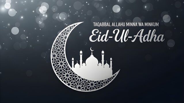 Eid Ul Adha greeting with crescent moon and mosque silhouette