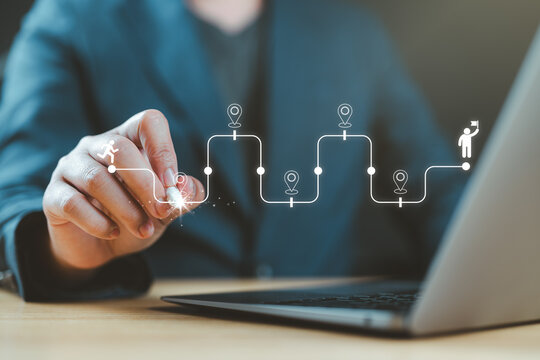 Career path journey concept with a hand pointing toward the final destination, symbolizing ambition, planning, milestones, and strategic career development toward success.