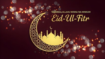 Eid Ul Fitr celebration with golden crescent moon and mosque silhouette