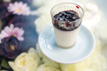 Top view of blueberry panna cotta, focus selective