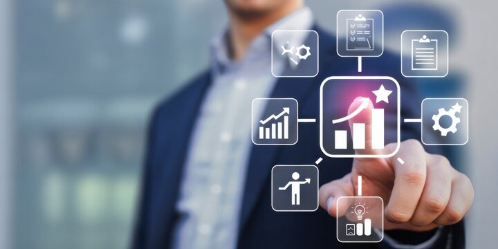 Growth at Your Fingertips: A businessperson's hand interacts with a digital interface, symbolizing growth, planning, and achieving business goals.