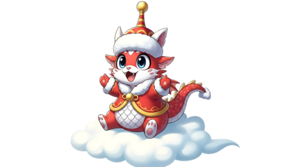 Cartoon dragon in santa hat sitting on cloud isolated on transparent background