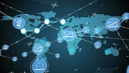 Animation of network of connections with icons over navy background and world map - Powered by Adobe