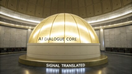 Futuristic AI Dialogue Core Display in Modern Architectural Environment with Translated Signal Technology