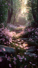 Gentle magical springtime field lighting with soft glow and clean copy space background