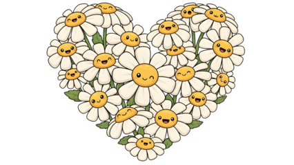 Heart shaped cluster of white daisies isolated on transparent background