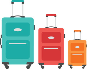 Set of colorful rolling suitcases in different sizes illustrated in modern travel luggage vector style for vacation themes © Mostafijur