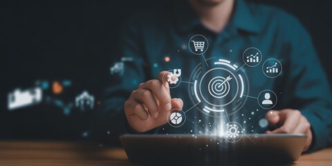 Digital Target Mastery: An individual navigates the digital realm with precision, interacting with a luminous target and its surrounding icons, representing data-driven success and strategic focus.