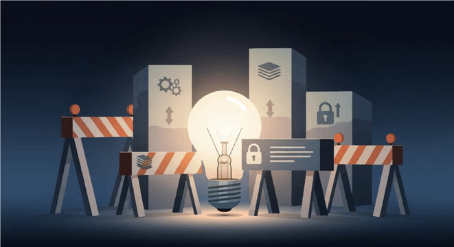 Conceptual illustration of a bright idea overcoming obstacles and security barriers with a padlock icon symbolizing protection