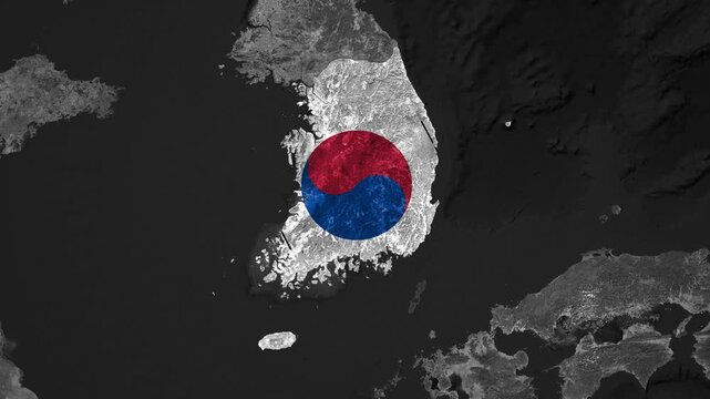 Zoom from Earth to South Korea. (Country Flag) Documentary dark map animation with highlighted country borders. 3d satellite world map animation highlights aerial views, tourism, and travel. 4k