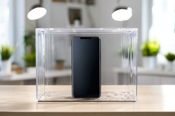 Digital detox concept with smartphone locked inside transparent box on wooden table in bright modern room, symbolizing technology break and mindful living