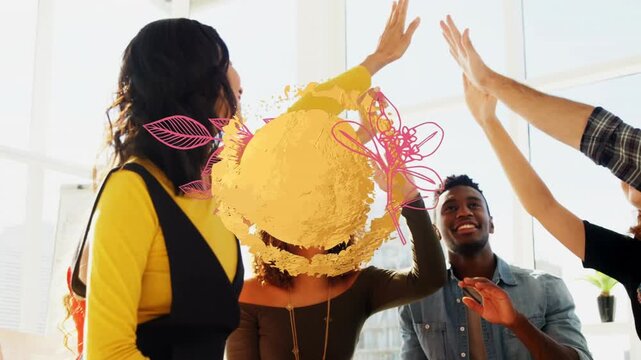 Golden banner with copy space over diverse office colleagues high fiving each other at office