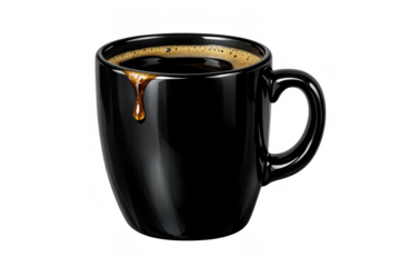 Black coffee mug with crema and a drip, providing morning energy and caffeine, isolated on transparent background