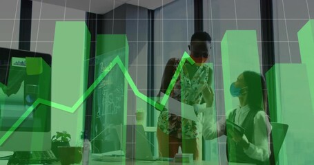 Animation of financial data processing over diverse business people wearing face masks - Powered by Adobe