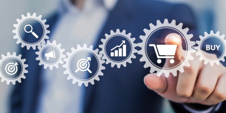 Digital Shopping Evolution: A business person, their finger poised, interacts with a digital interface of interconnected gears. - Powered by Adobe
