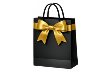 Elegant black shopping bag with golden ribbon bow, representing luxury retail, gift giving, and premium consumer goods