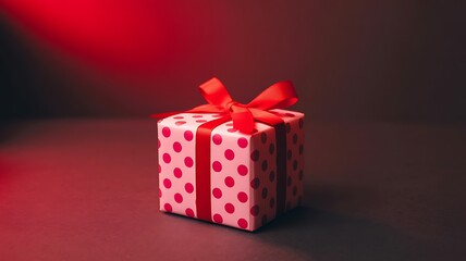 A beautifully wrapped gift box with red polka dots and ribbon on a dark red background