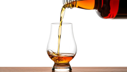 Pouring a stream of golden amber whiskey into a snifter glass against a dark background. isolated on transparent background