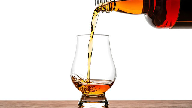 Pouring a stream of golden amber whiskey into a snifter glass against a dark background. isolated on transparent background
