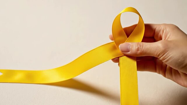 Hand holding yellow ribbon for sarcoma awareness isolated on white background