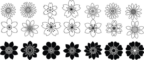 Stylized flower icon set with outlined and solid designs for botanical, decorative, pattern, and floral vector illustration themes. © Sahed