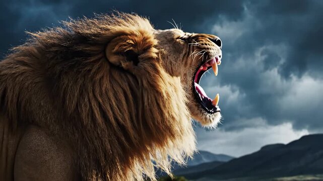 Roaring Lion Profile Under Dramatic Cloudy Sky Hyperrealistic Close Up With Golden Mane And Sharp Teeth Against Dark Hills