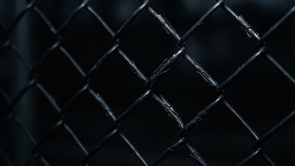 Close-up of a dark, metallic chain link fence with shallow depth of field.