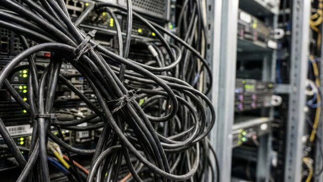 Close-up of a server rack with a tangled mess of network cables and wires. - Powered by Adobe