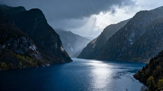 A serene mountain lake surrounded by steep cliffs under a dramatic, cloudy sky with sunlight breaking through. - Powered by Adobe
