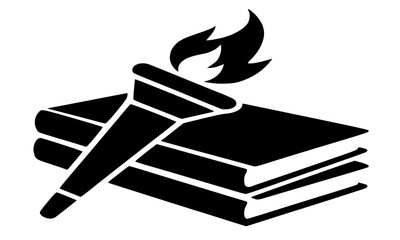 Knowledge and education symbol icon, burning torch on stack of books, enlightenment and wisdom vector illustration, academic learning and library sign, literacy and school research emblem, silhouette
