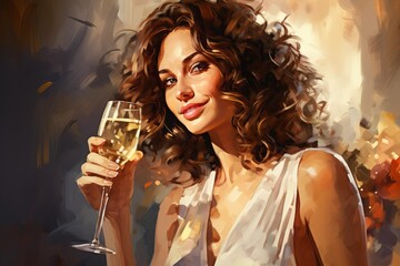 Woman with curly hair smiling, holding a glass of champagne, celebrating