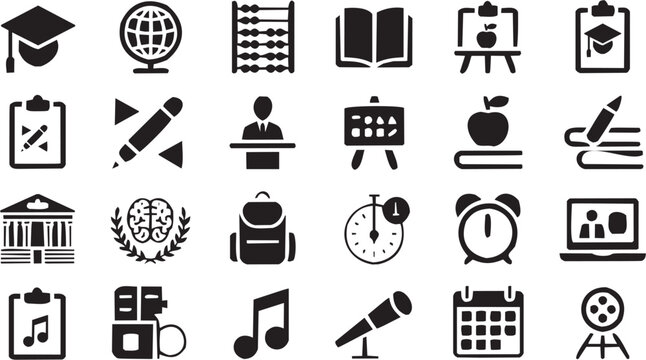 Conjunto de iconos educativos en estilo lineal. Colecci&oacute;n de globo, libro, birrete, microscopio y s&iacute;mbolos acad&eacute;micos. Editable